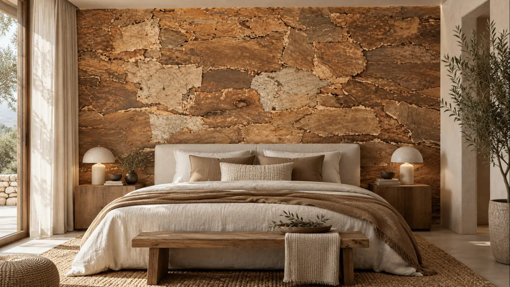 Skin Tree natural cork bark wall panels shown in a conceptual residential bedroom visualization