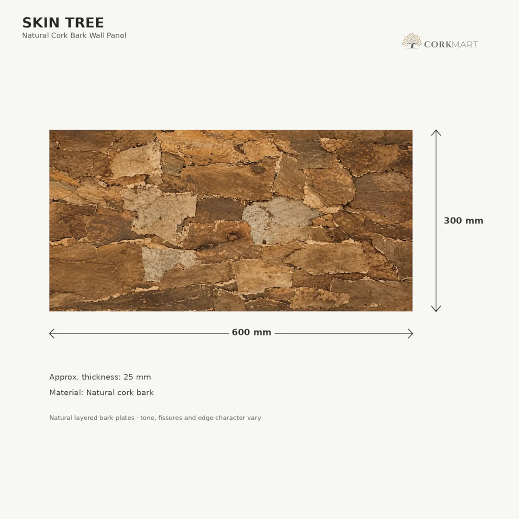 Skin Tree natural cork bark wall panel dimensions, 600 × 300 mm with approximately 25 mm thickness