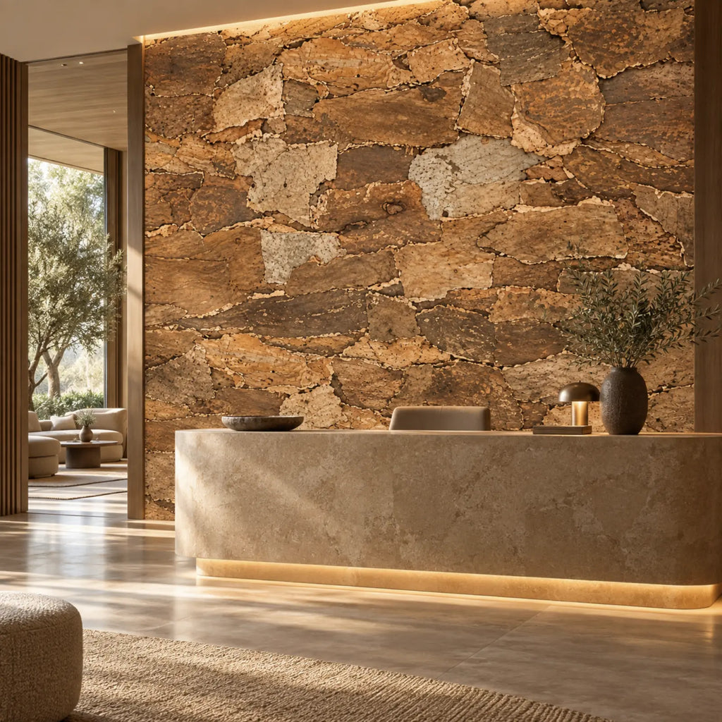 Skin Tree natural cork bark wall panels shown in a conceptual hospitality reception visualization