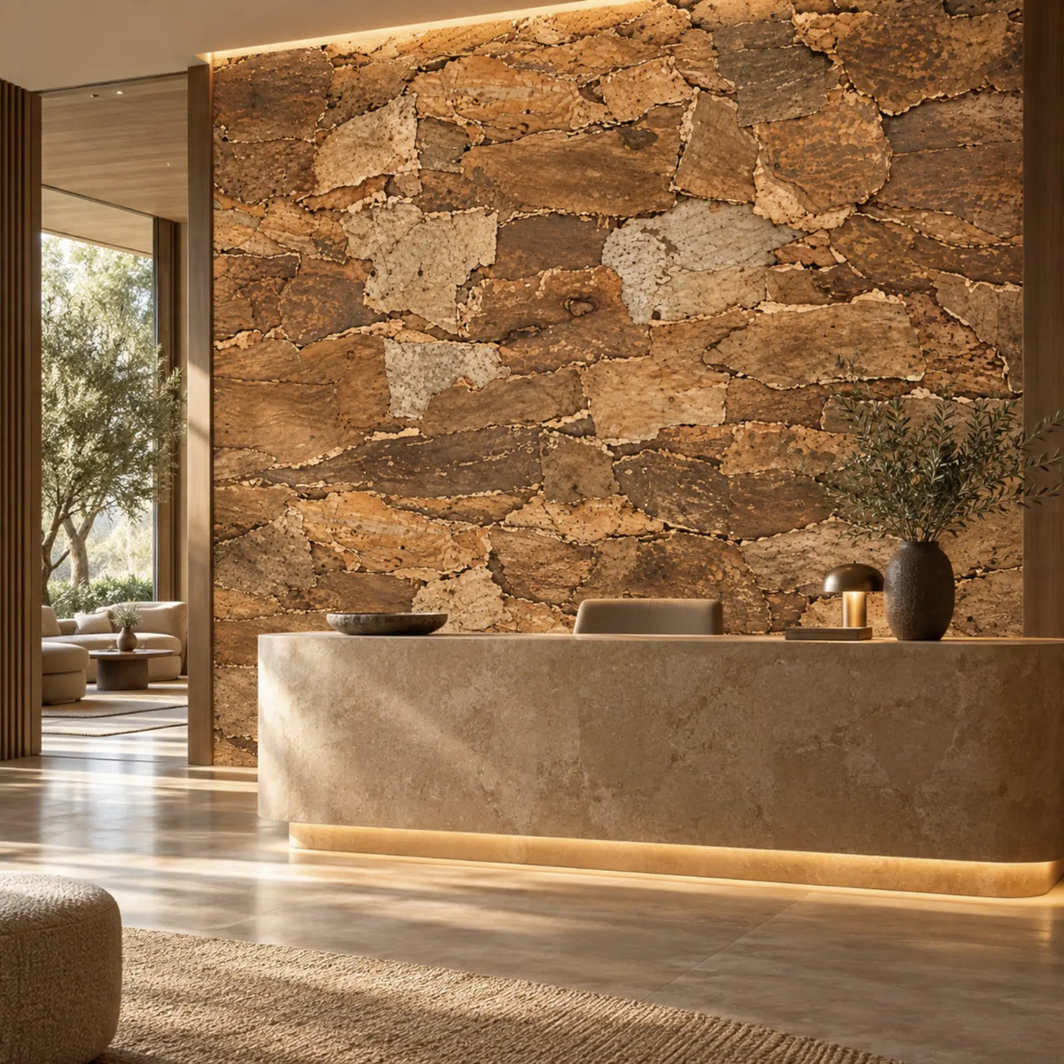 Skin Tree natural cork bark wall panels shown in a conceptual hospitality reception visualization