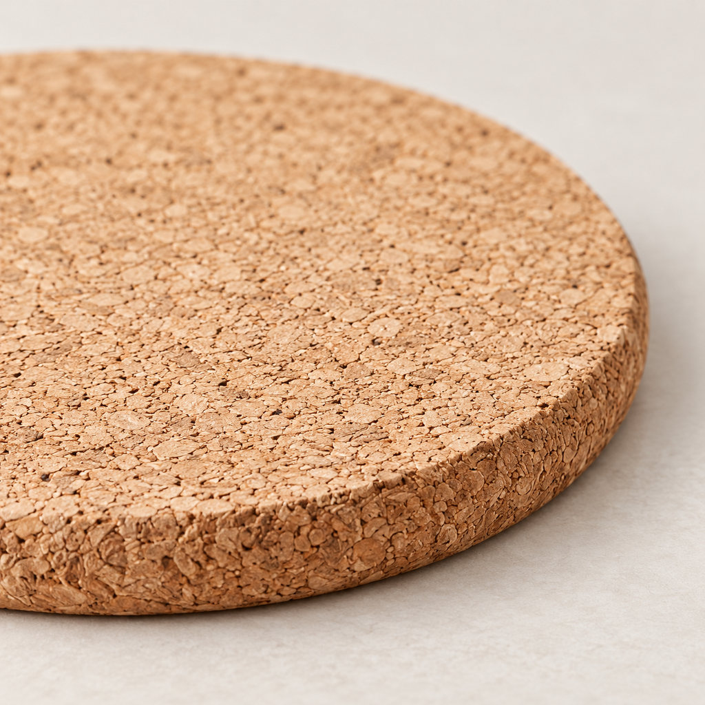 Macro close-up of slim round cork coaster surface and 5 mm edge