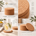 Slim round cork coasters editorial collage with CorkMart branding