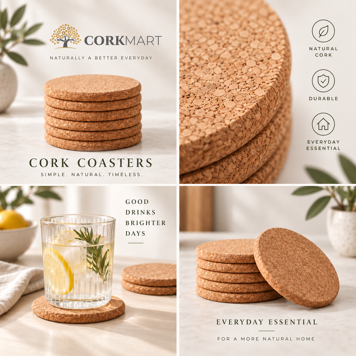 Slim round cork coasters editorial collage with CorkMart branding