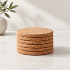Slim round cork coasters, set of 6, Ø90 × 5 mm — premium studio hero