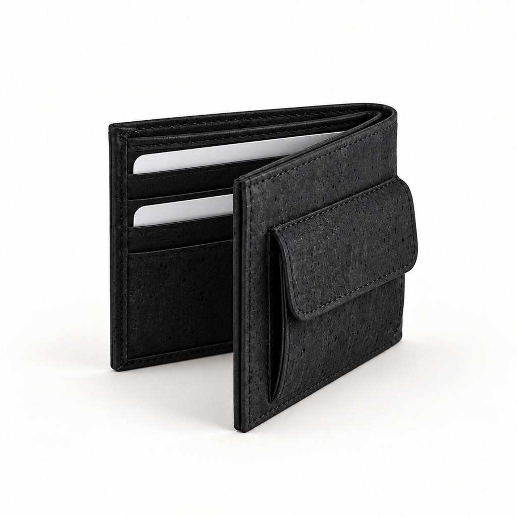 Small Black Cork Wallet with Coin Pocket, 10.5 × 8.7 cm, angled view
