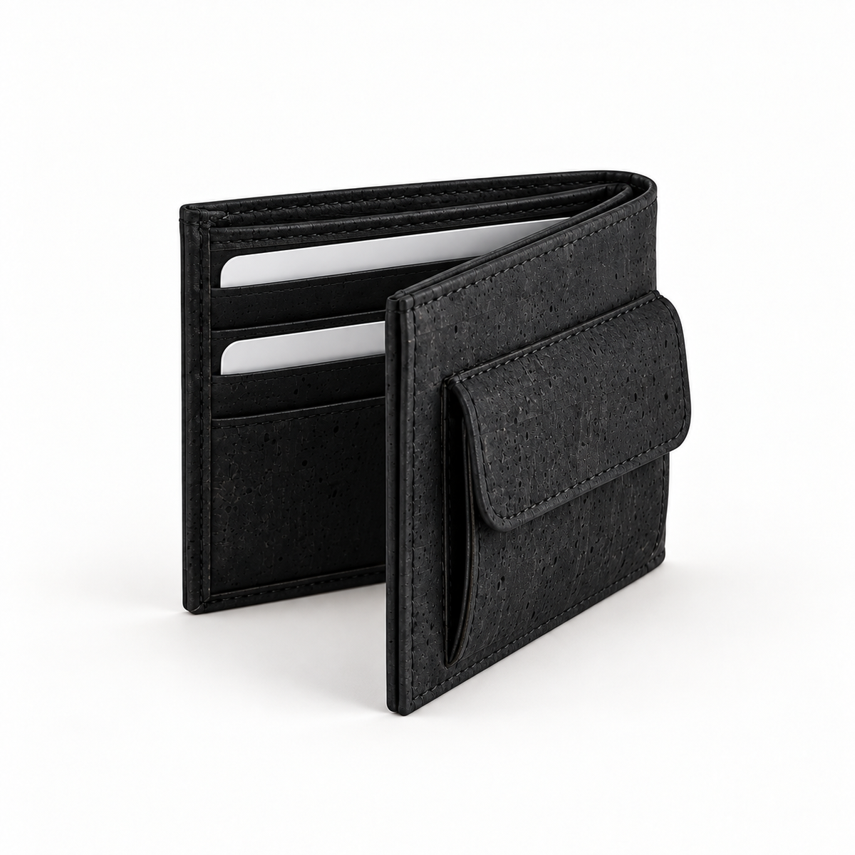 Small Black Cork Wallet with Coin Pocket, 10.5 × 8.7 cm, angled view