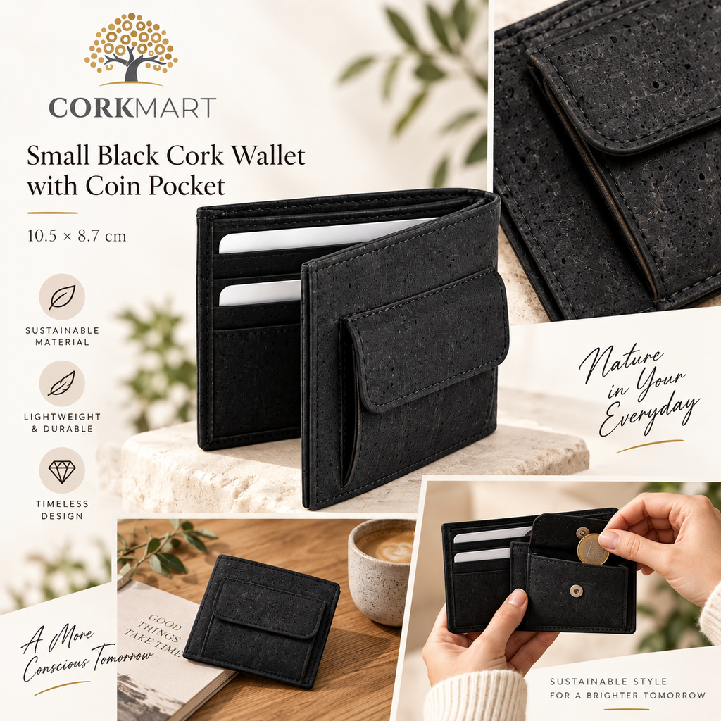 Small Black Cork Wallet with Coin Pocket editorial collage with official CorkMart logo