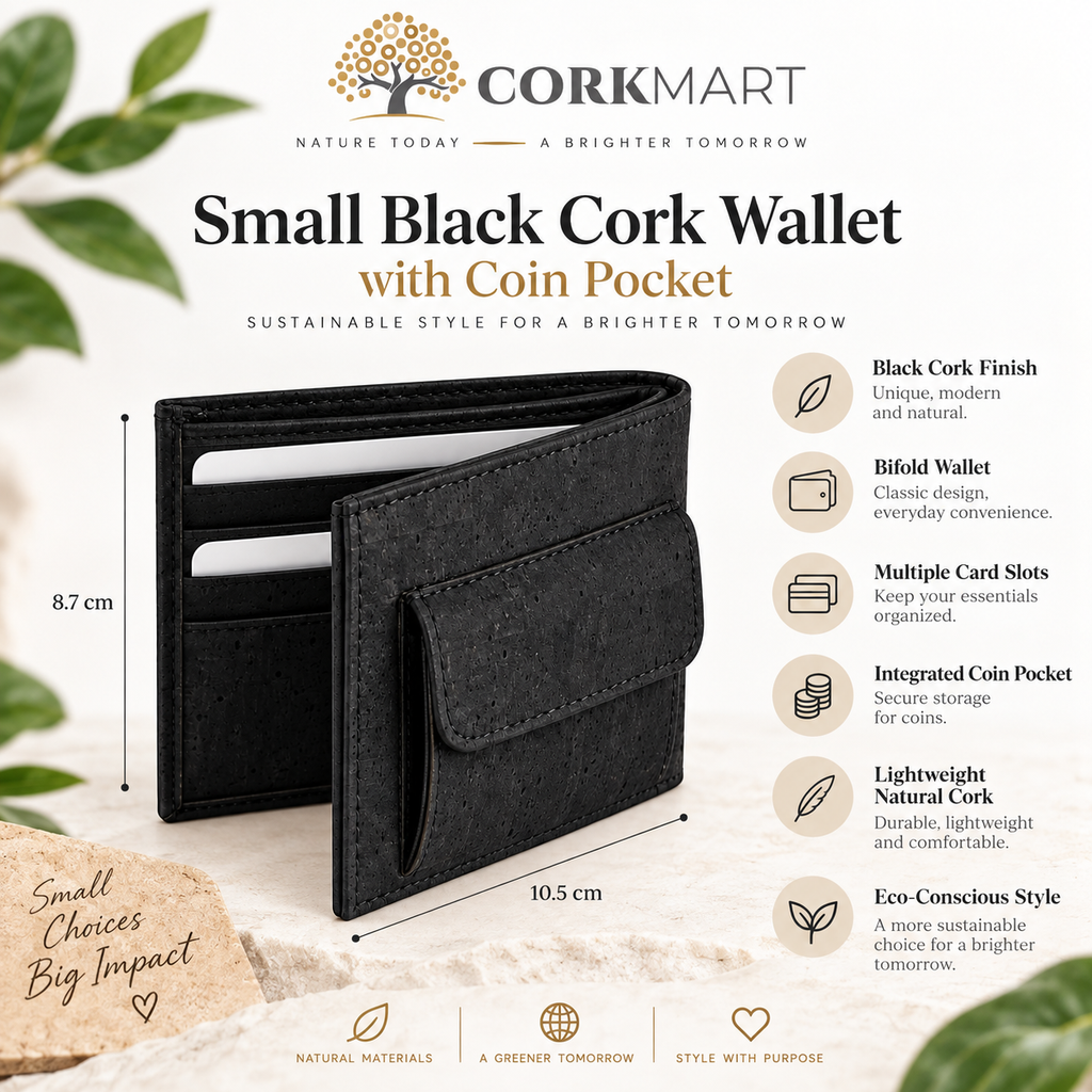 Small Black Cork Wallet with Coin Pocket infographic with official CorkMart logo, dimensions and product features