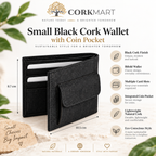 Small Black Cork Wallet with Coin Pocket infographic with official CorkMart logo, dimensions and product features