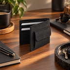 Small Black Cork Wallet with Coin Pocket in a premium everyday carry lifestyle setting