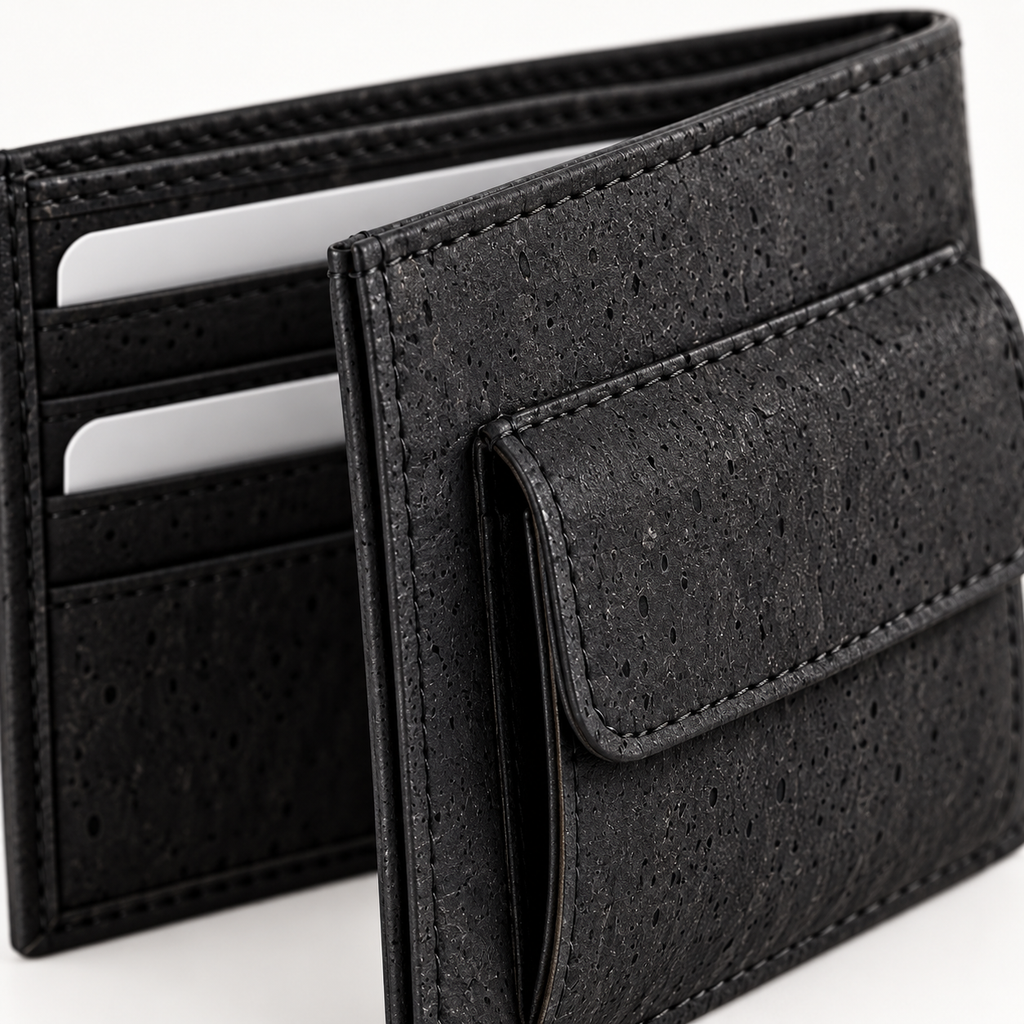 Small Black Cork Wallet with Coin Pocket, black cork texture, stitching and coin pocket detail