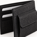 Small Black Cork Wallet with Coin Pocket, black cork texture, stitching and coin pocket detail