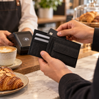 Small Black Cork Wallet with Coin Pocket in real cafe payment use