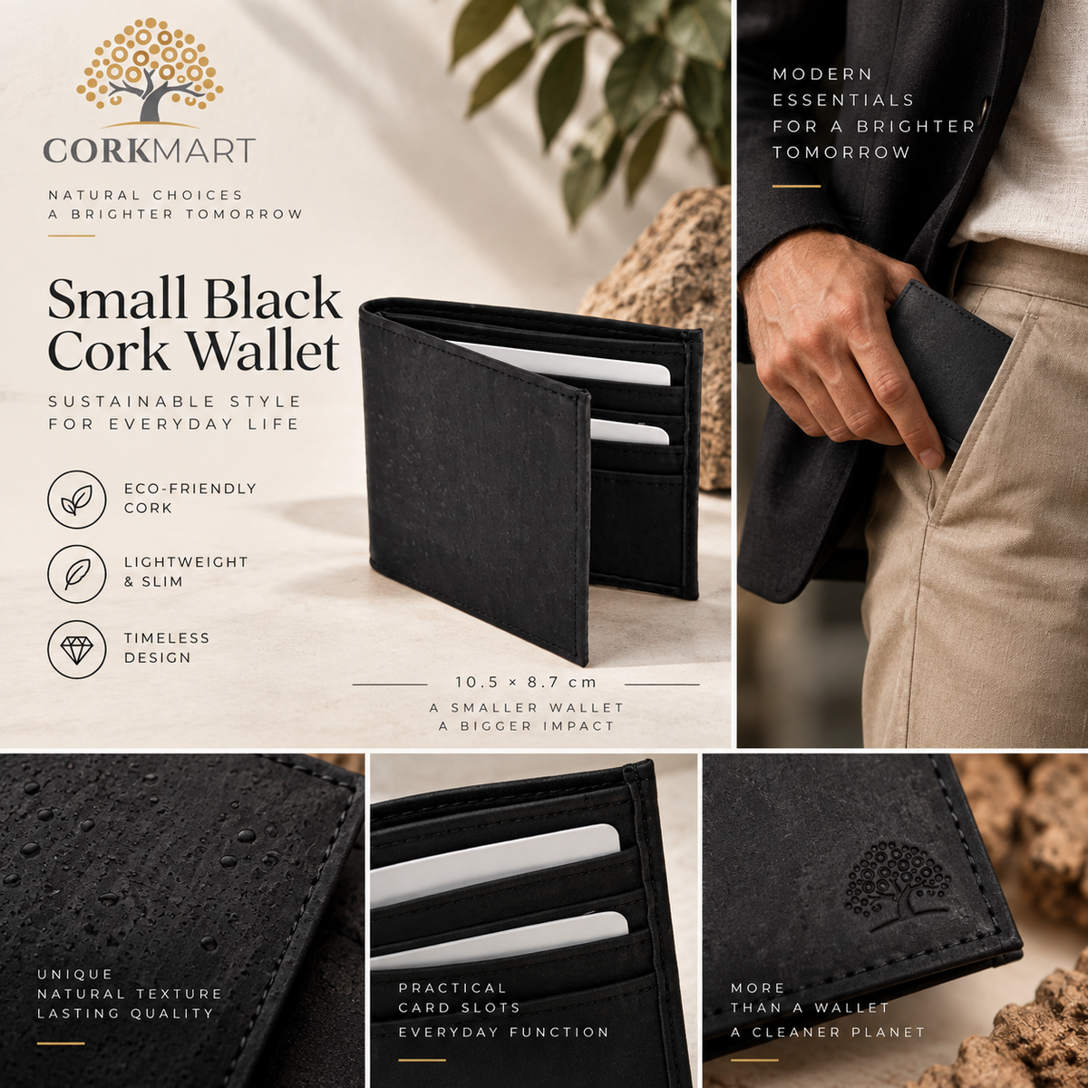 Small Black Cork Wallet editorial collage with official CorkMart logo