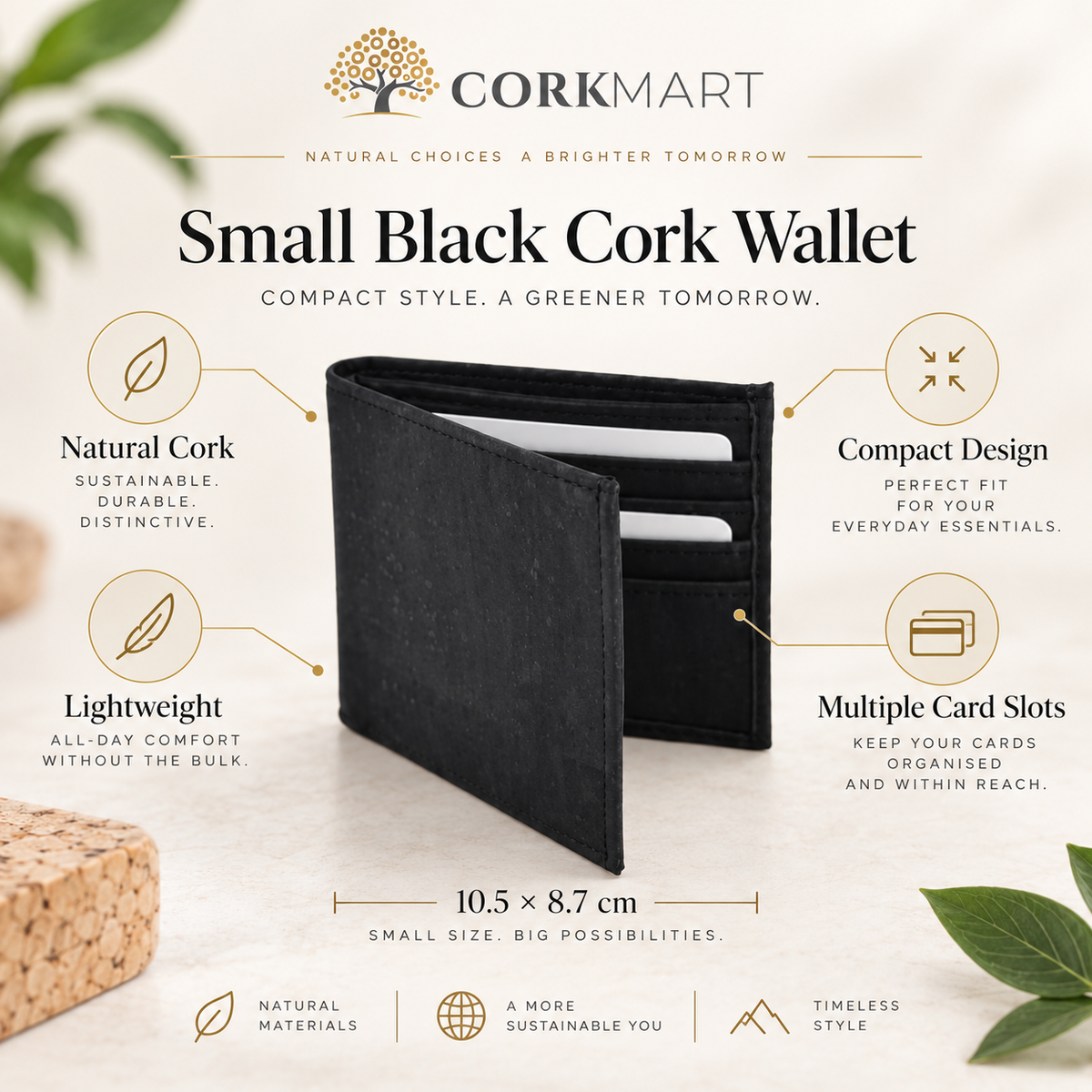 Small Black Cork Wallet infographic with official CorkMart logo, dimensions and product features