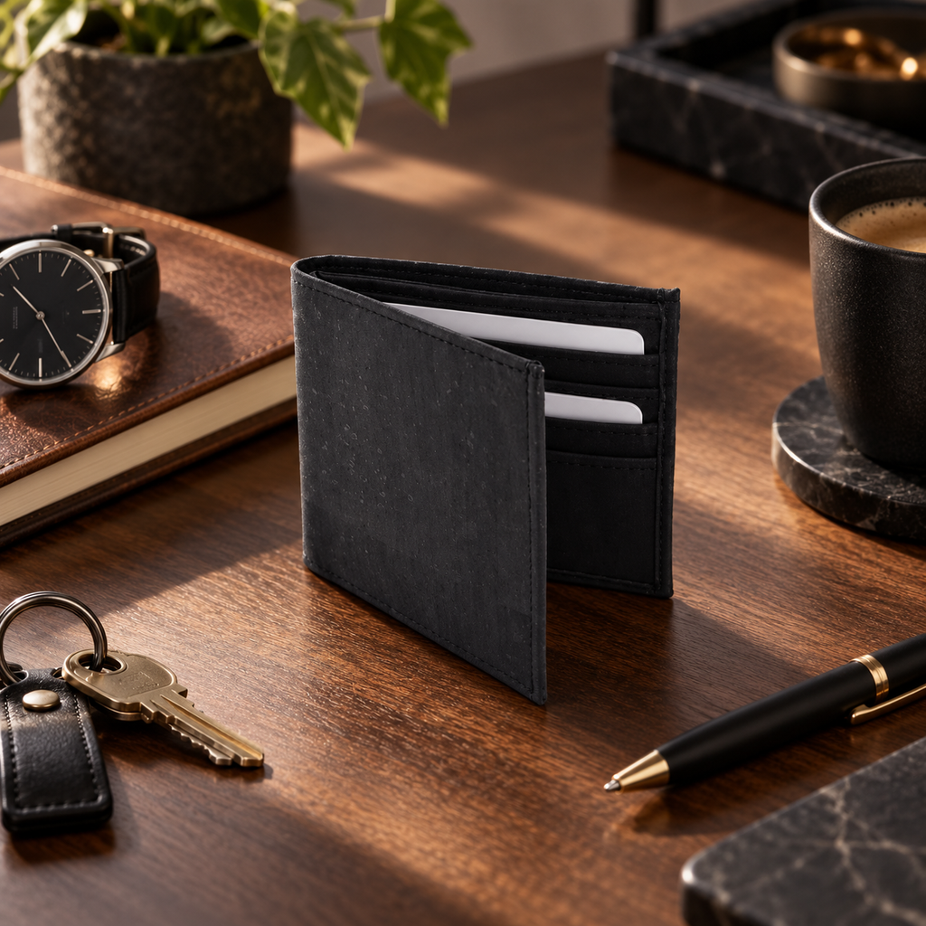 Small Black Cork Wallet in a premium everyday carry lifestyle setting