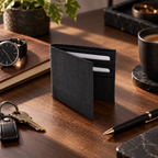 Small Black Cork Wallet in a premium everyday carry lifestyle setting