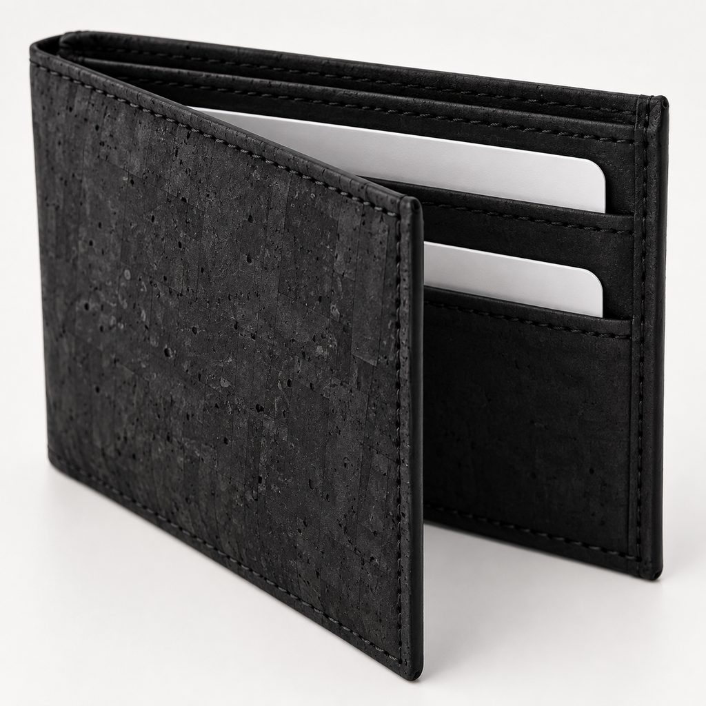 Small Black Cork Wallet, black cork texture, stitching and card slot detail