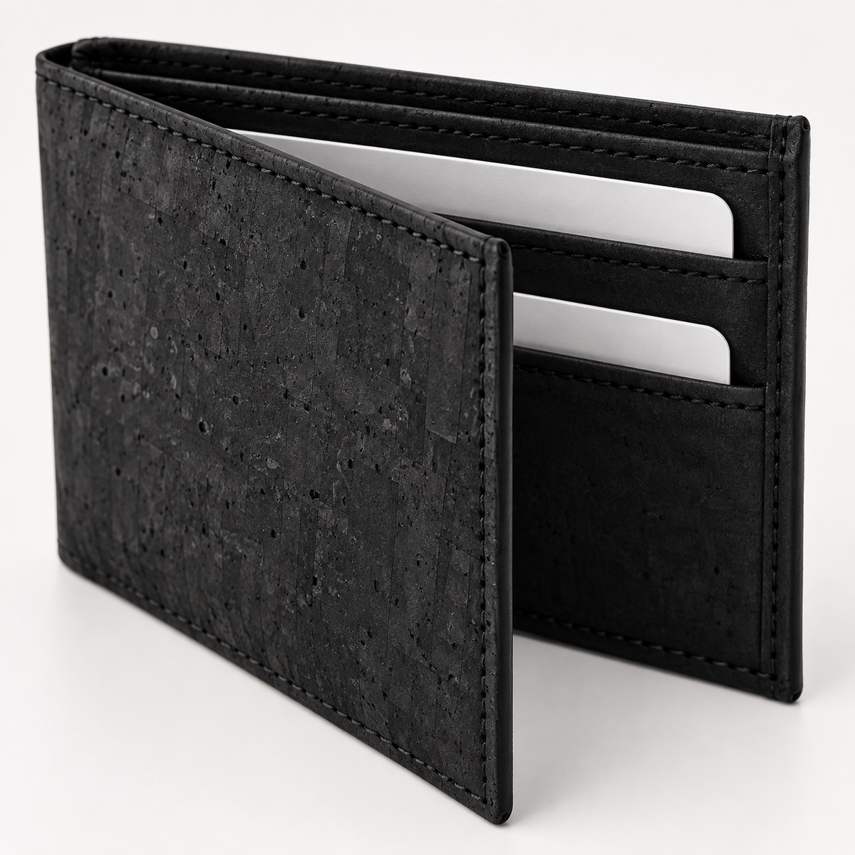 Small Black Cork Wallet, black cork texture, stitching and card slot detail