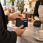 Small Black Cork Wallet in real cafe payment use