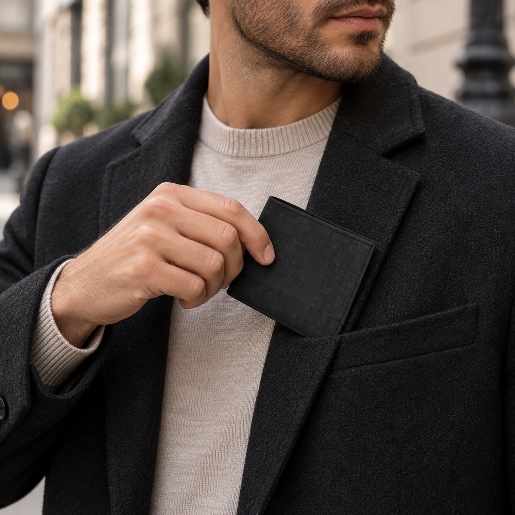Small Black Cork Wallet in real everyday urban pocket use