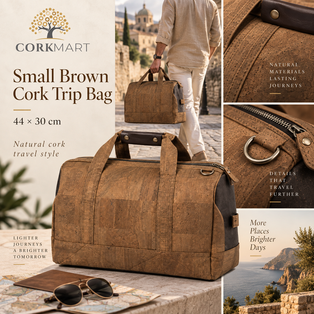 Small Brown Cork Trip Bag editorial collage
