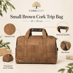 Small Brown Cork Trip Bag infographic with dimensions and product features
