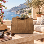 Small Brown Cork Trip Bag in a premium Mediterranean travel lifestyle setting
