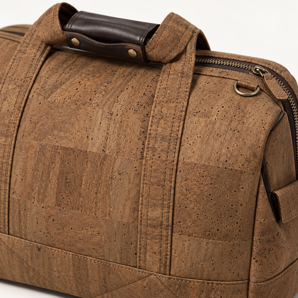 Small Brown Cork Trip Bag, brown cork texture, zipper and handle detail