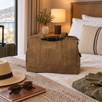 Small Brown Cork Trip Bag in a realistic hotel packing setting