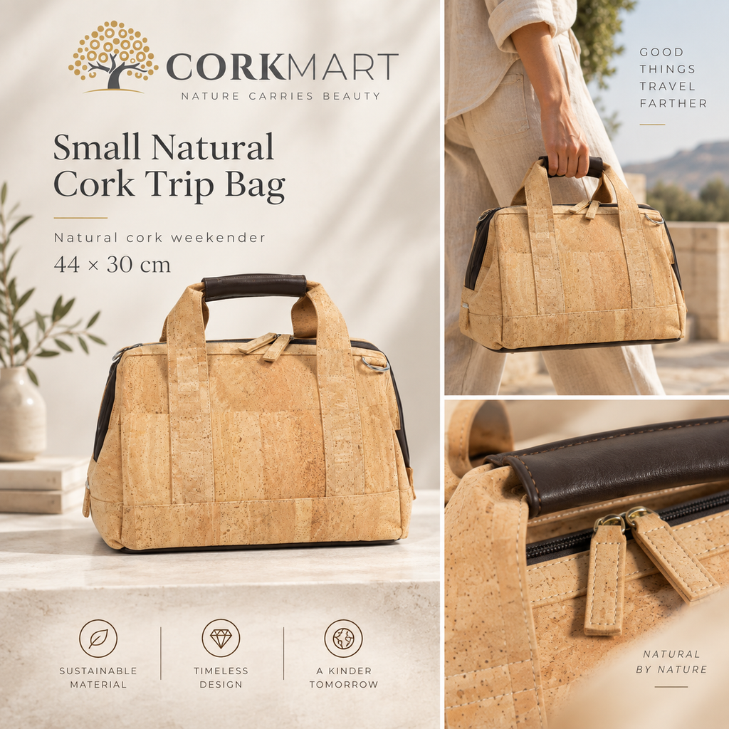 Small Natural Cork Trip Bag editorial collage