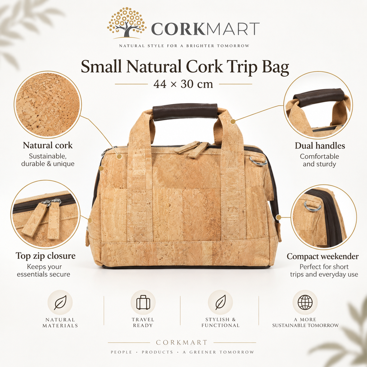 Small Natural Cork Trip Bag infographic with dimensions and product features