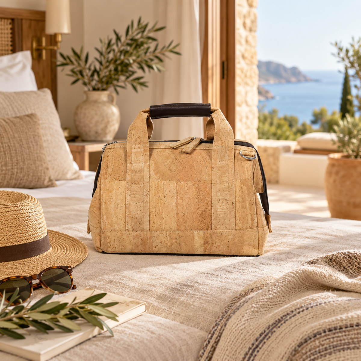 Small Natural Cork Trip Bag in a premium Mediterranean travel lifestyle setting