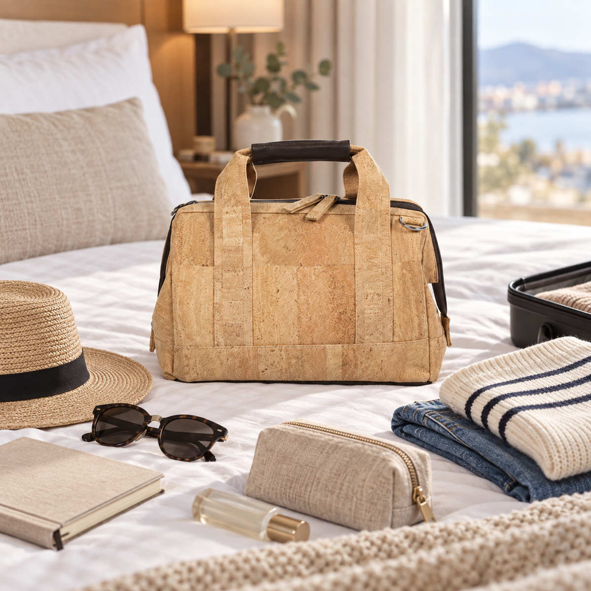 Small Natural Cork Trip Bag in a realistic hotel packing setting