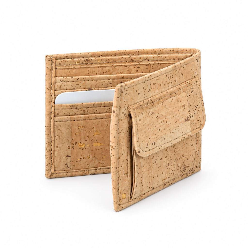 Small Natural Cork Wallet with Coin Pocket, 10.5 × 8.7 cm, angled view