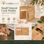 Small Natural Cork Wallet with Coin Pocket editorial collage with official CorkMart logo
