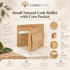 Small Natural Cork Wallet with Coin Pocket infographic with official CorkMart logo, dimensions and product features