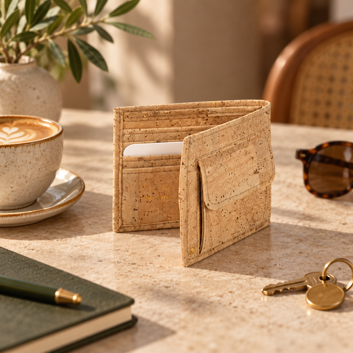 Small Natural Cork Wallet with Coin Pocket in a premium everyday carry lifestyle setting