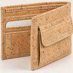 Small Natural Cork Wallet with Coin Pocket, natural cork texture, stitching and coin pocket detail