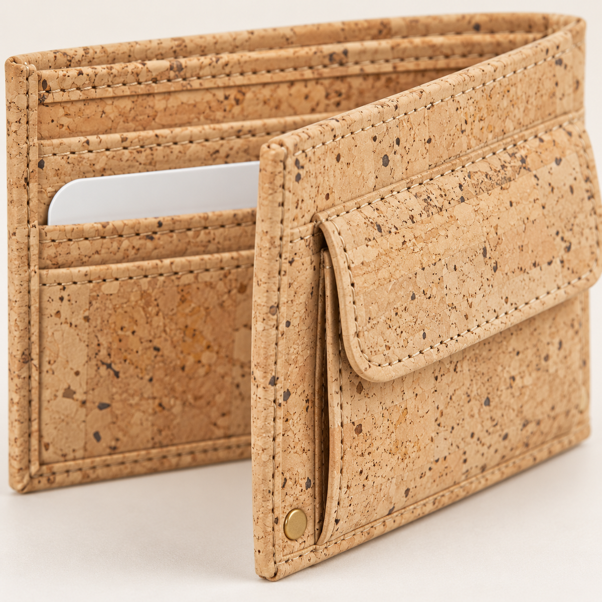 Small Natural Cork Wallet with Coin Pocket, natural cork texture, stitching and coin pocket detail