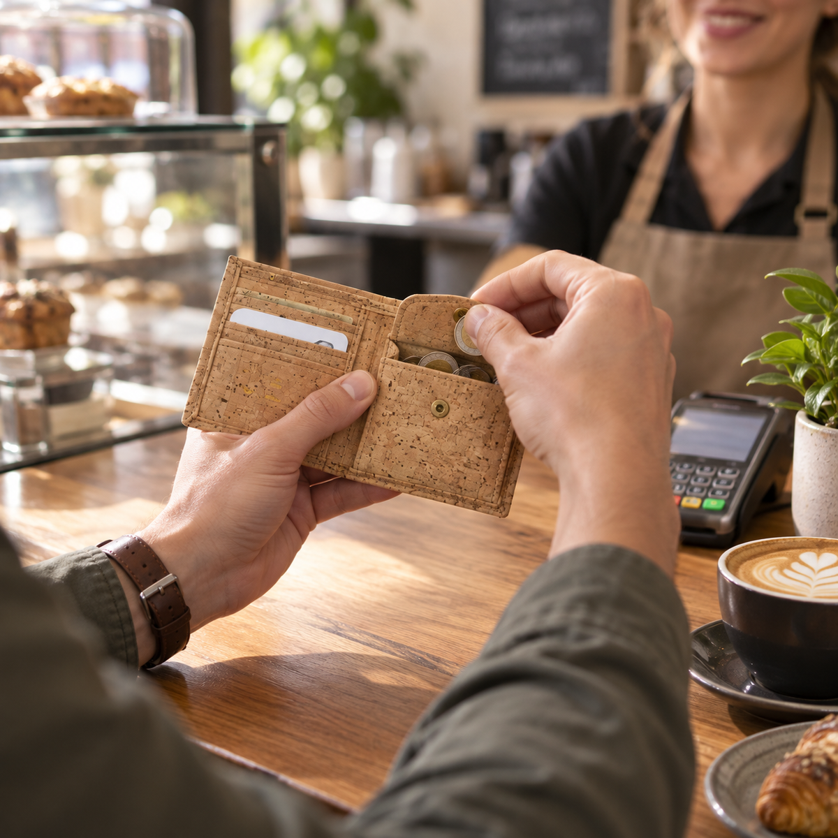 Small Natural Cork Wallet with Coin Pocket in real cafe payment use