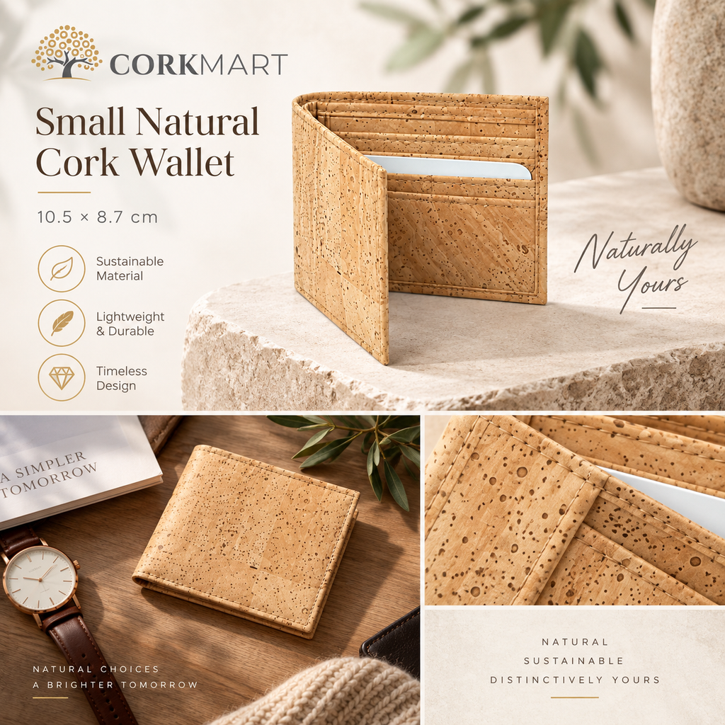 Small Natural Cork Wallet editorial collage with official CorkMart logo