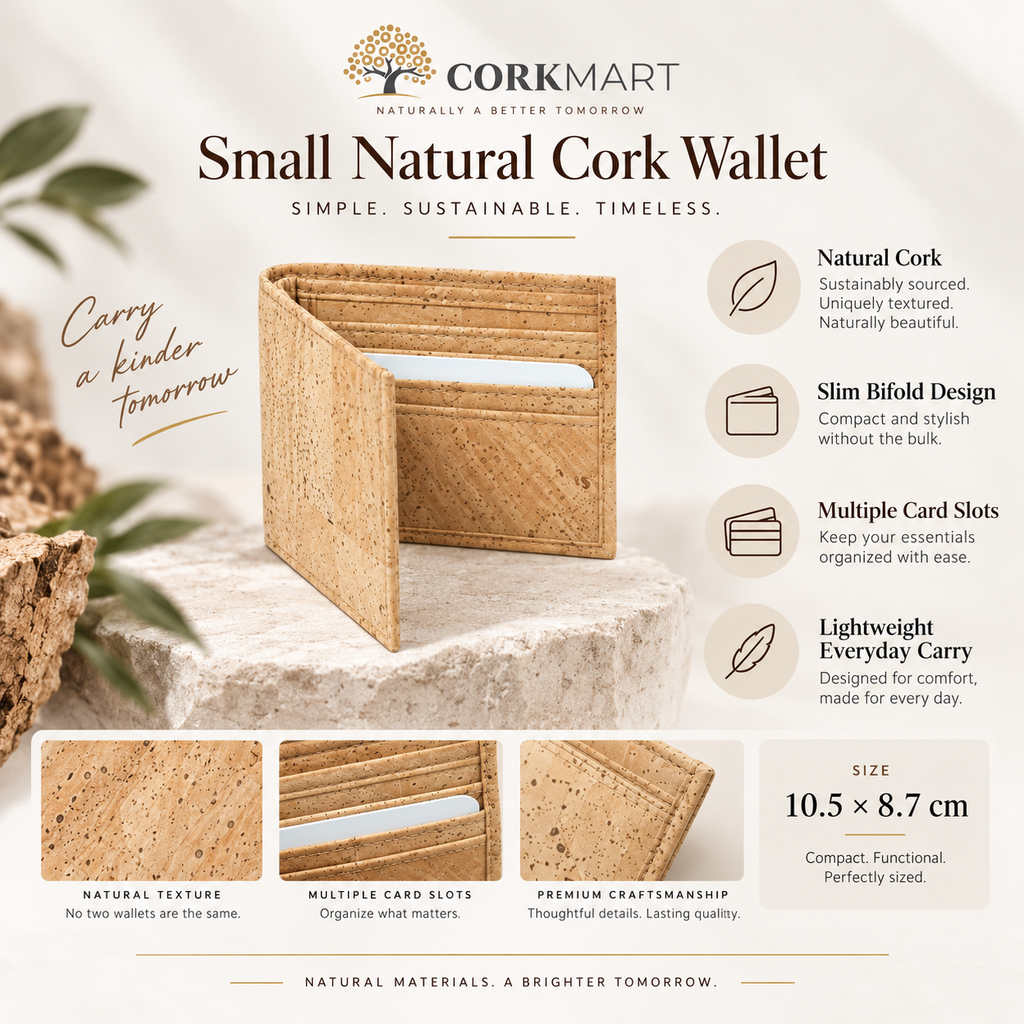 Small Natural Cork Wallet infographic with official CorkMart logo, dimensions and product features