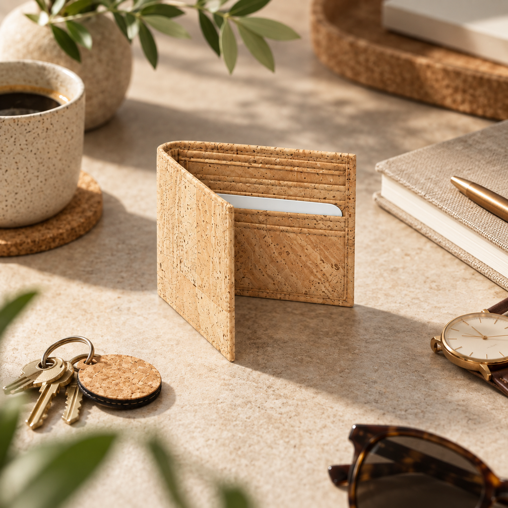 Small Natural Cork Wallet in a premium everyday carry lifestyle setting