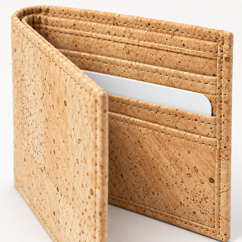 Small Natural Cork Wallet, natural cork texture, stitching and card slot detail
