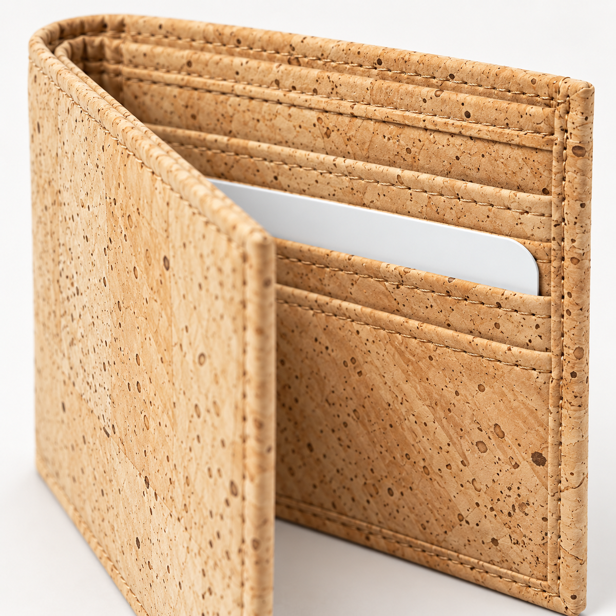 Small Natural Cork Wallet, natural cork texture, stitching and card slot detail