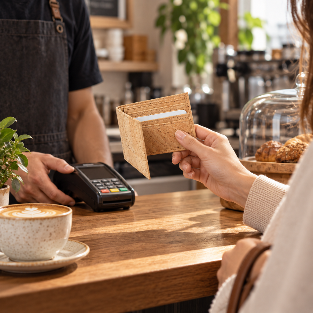 Small Natural Cork Wallet in real cafe payment use