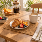 Small rectangular cork placemat in a bright breakfast table setting