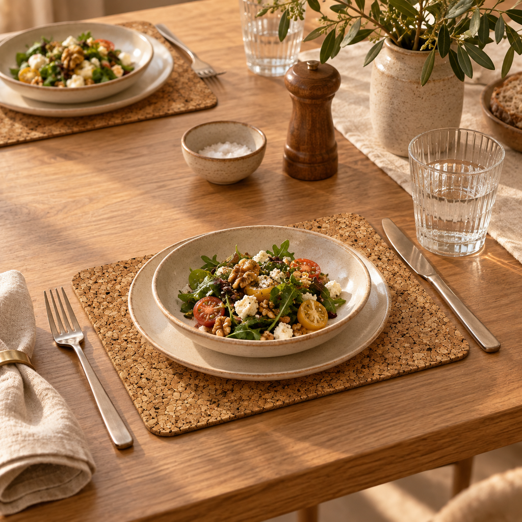 Small rectangular cork placemat in a refined dining table setting
