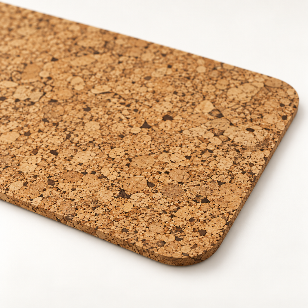 Macro close-up of small rectangular cork placemat surface, rounded corner and thin edge